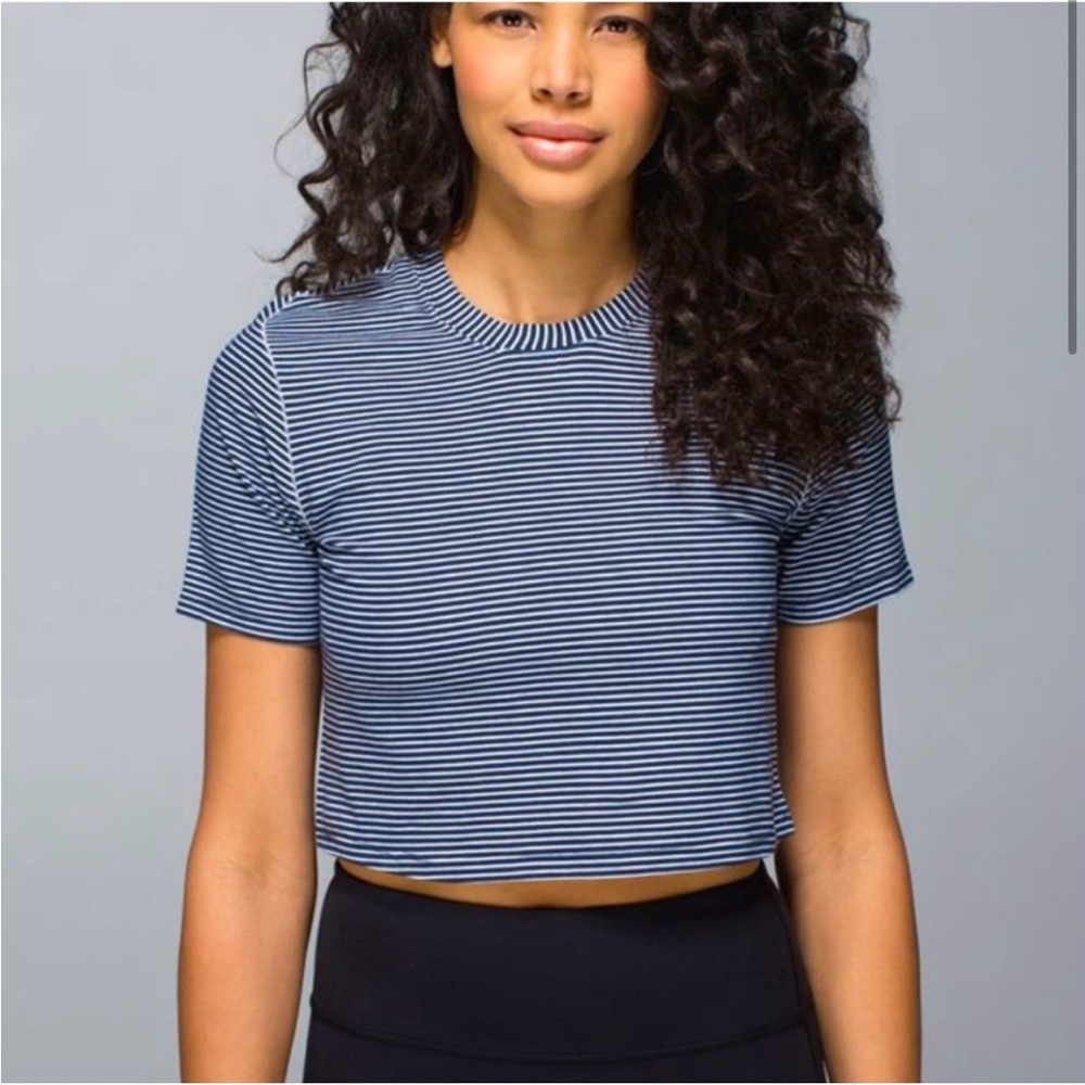 Lululemon 🍋 Ok Hi Crop Tee Navy Blue and White Stripe Size 4